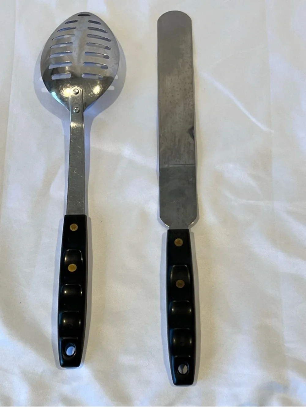 Vintage Stainless Steel Serving Spoon & Spreader Set White Handles USA Mid Centu